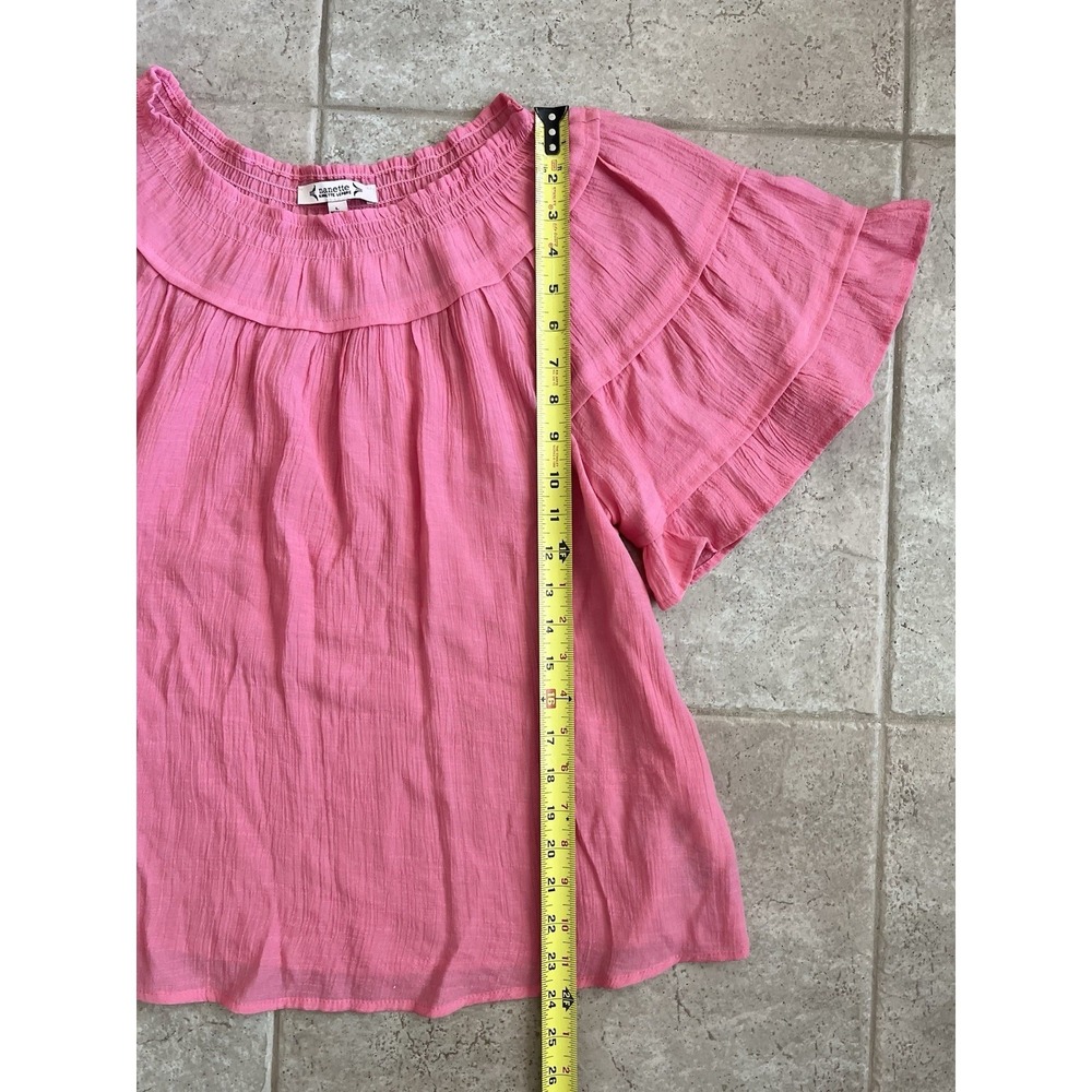 Nanette Lepore Sz. Large Pink Ruffle Sleeve Smocked Neckline Blouse Flowy BOHO - Picture 3 of 6